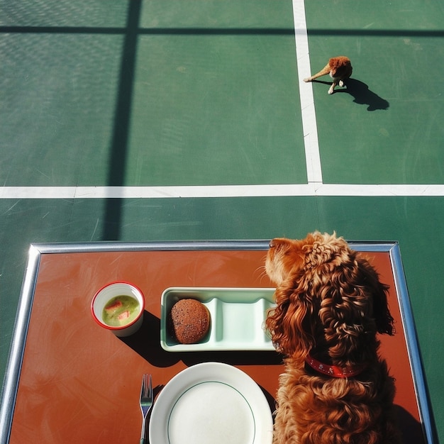 Photo brown dog at a tennis court with a restaurant tray full of food