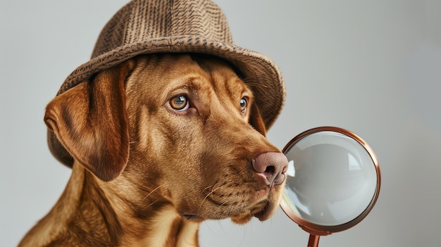 Photo a brown dog wearing a detective hat and holding a magnifying glass