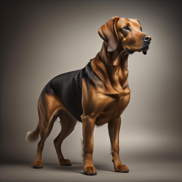 A brown dog with a black vest on