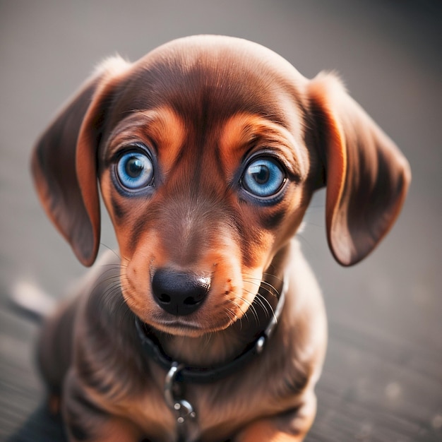 a brown dog with blue eyes sits on a wooden deck