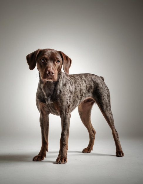 a brown dog with a brown face standing on a gray background