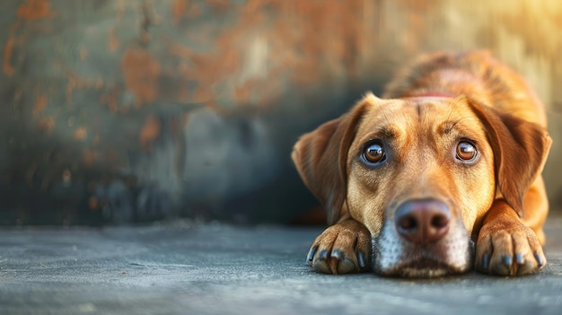 Brown dog with soulful eyes lying down on textured surface