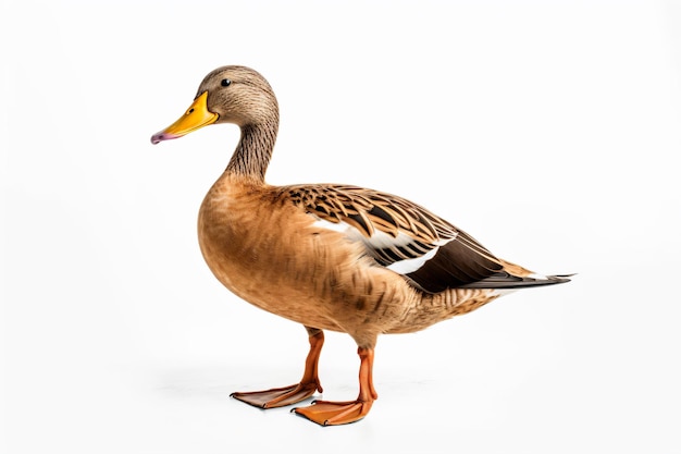 A brown duck with a black tail and black feet