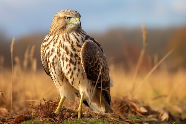 Photo brown eagle standing on the ground looking at the camera