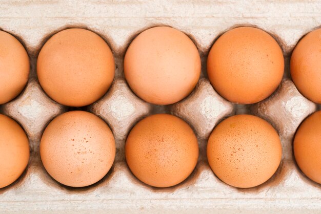 Brown eggs in cardboard package top view