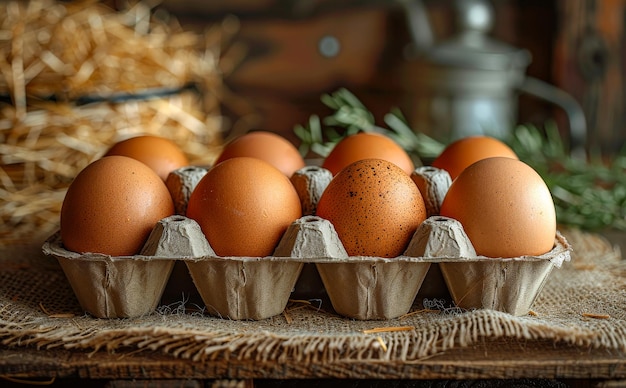 Brown Eggs in Carton on Burlap A closeup of six brown eggs in a cardboard carton sitting on a burlap surface