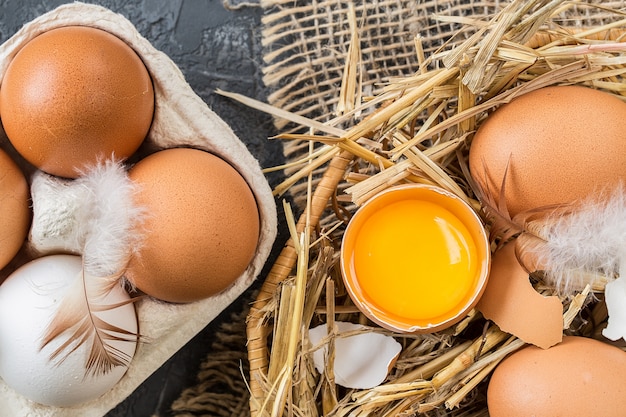 Brown eggs  in a Wicker basket with straw