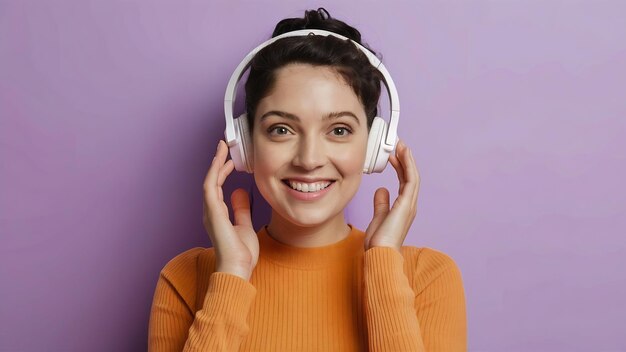 Brown eyed woman in white headphones smiling over purple wall