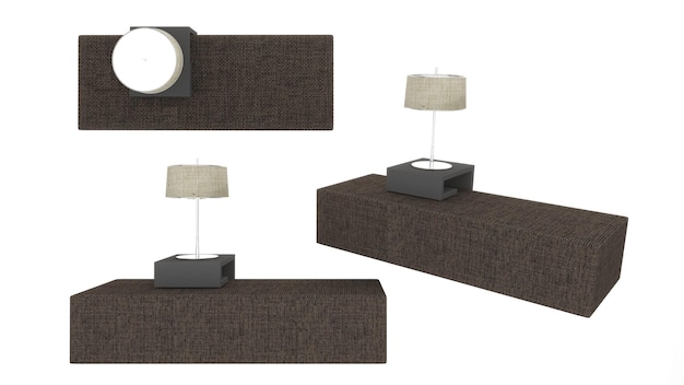 Brown fabric sofa with table lamp on white backgroundside 3d rendering