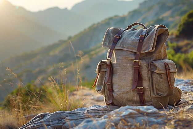 Photo brown filled tourist hiking backpack that stands on the ground mountainous terrain on background