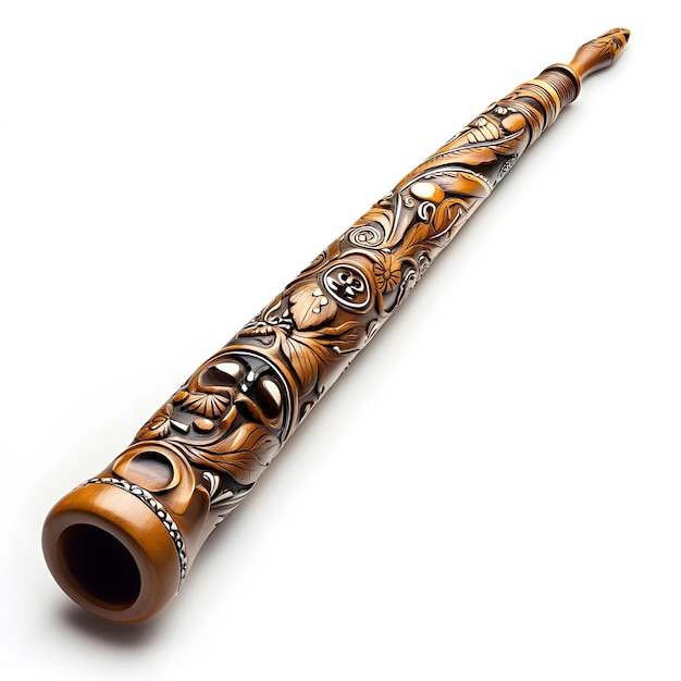 a brown flute with a gold design on the top