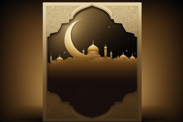 A brown frame with a mosque and the moon on the night sky.