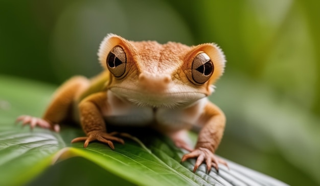 a brown gecko is sitting on a leaf with eyes open