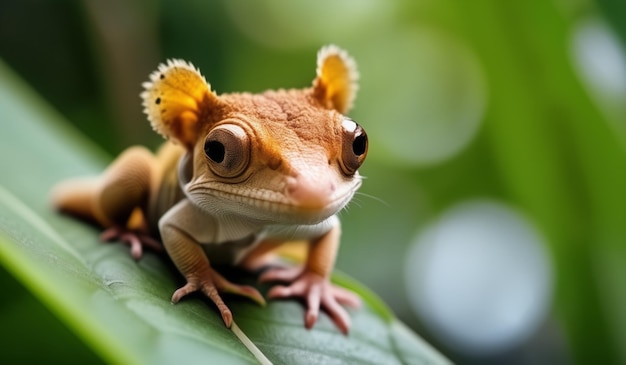 a brown gecko with a yellow ear and a brown eye