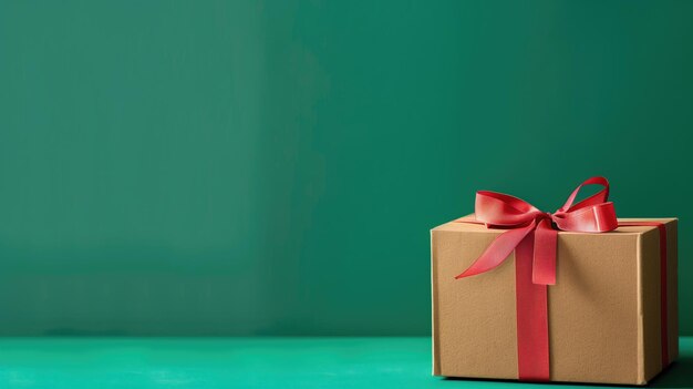 Photo a brown gift box with a red ribbon placed on green background