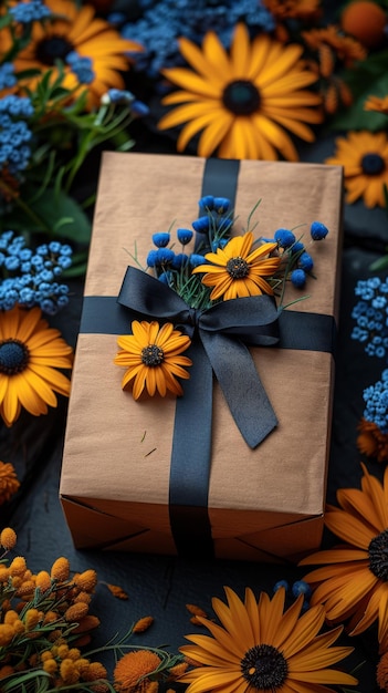 Brown gift box with vibrant flower decoration on a floral backdrop