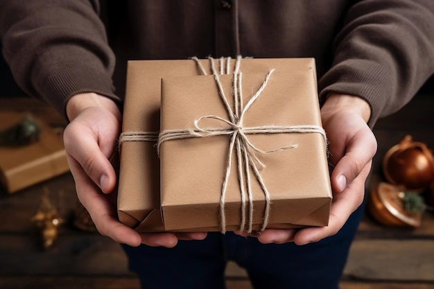 Brown gift boxes in the hands of a man