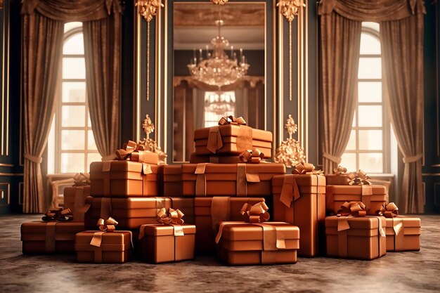 Brown gift boxes with bows in interior Generative AI