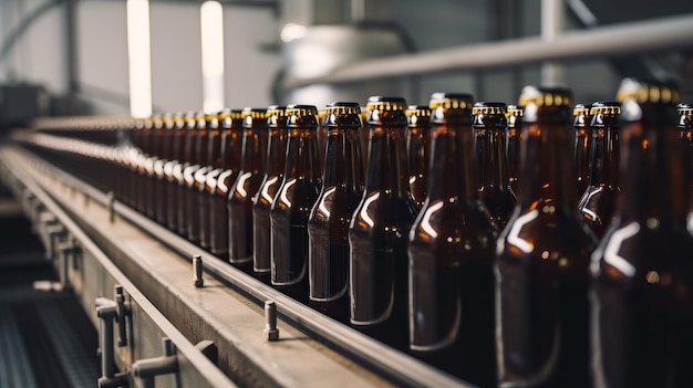 Brown glass beer drink alcohol bottles brewery conveyor modern production line Generative AI