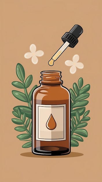 Photo brown glass bottle of essential oil pipette with drop cartoon style