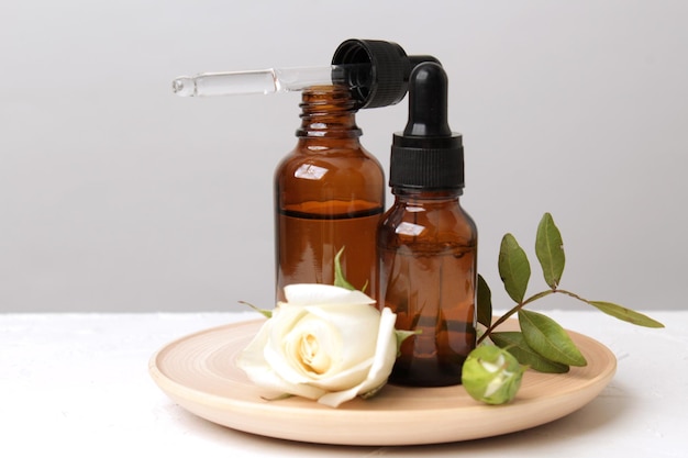 Brown glass bottle with serum essential oil or other cosmetic product