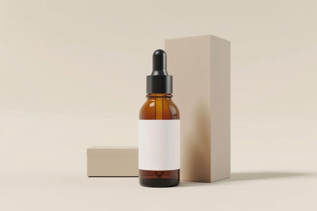 Photo brown glass dropper bottle with a blank label and two beige boxes on a light neutral background