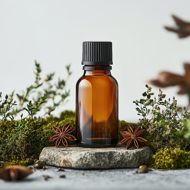 Photo brown glass essential oil bottle placed on a natural stone surrounded by greenery and decorative herbs ideal for holistic wellness themes