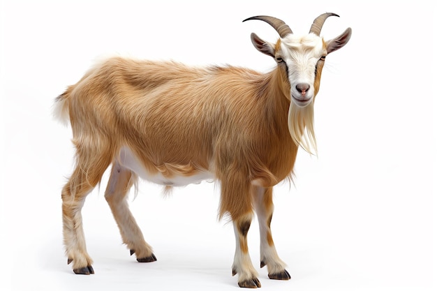 brown goat standing on a white backdrop generative by ai