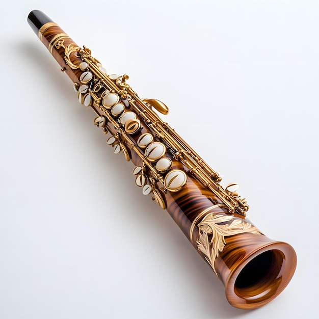 a brown and gold clarinet has a gold design on the top