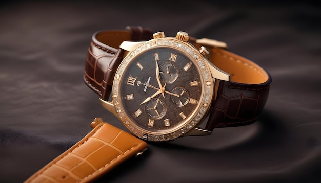 a brown and gold watch with a brown leather band