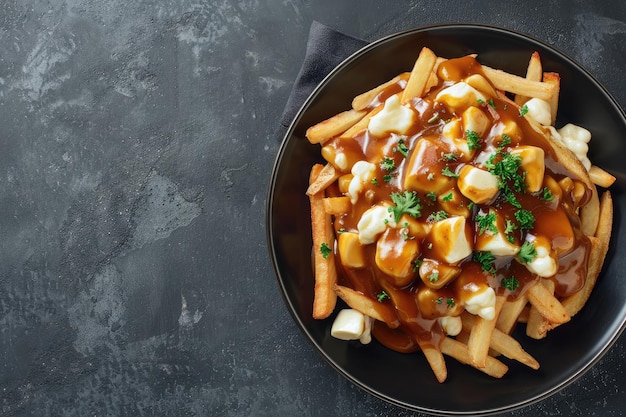 Brown gravy is poured over French fries and cheese curds in the Canadian poutine cuisine Generative Ai