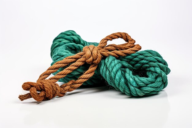 Brown and green skeins of jute rope on a white isolated background