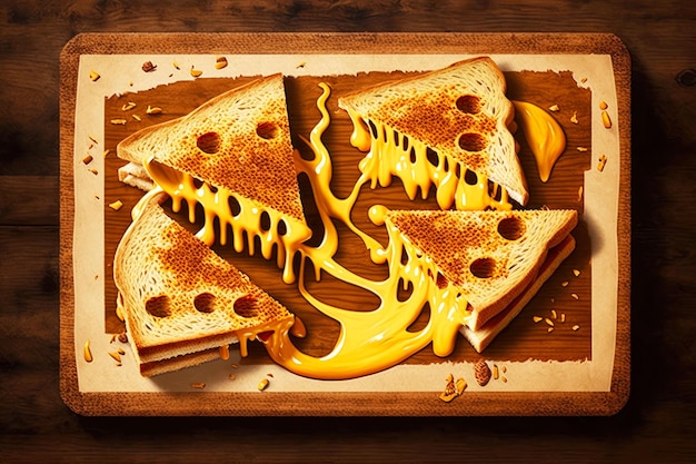 Brown grilled cheese cut into pieces on wooden board created with generative ai