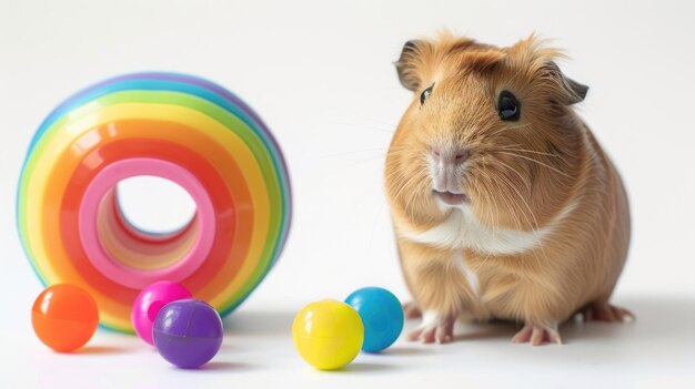 Photo brown guinea pig beside colorful toy and balls on white background