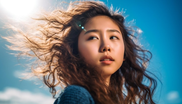 Brown haired beauty enjoys nature freedom and joy generated by artificial intelligence