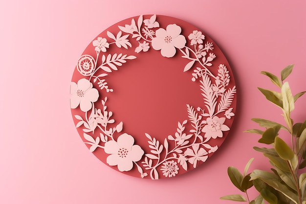 Brown happy womens day font and floral decorated on pink background