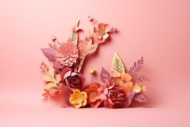 Brown happy womens day font and floral decorated on pink background