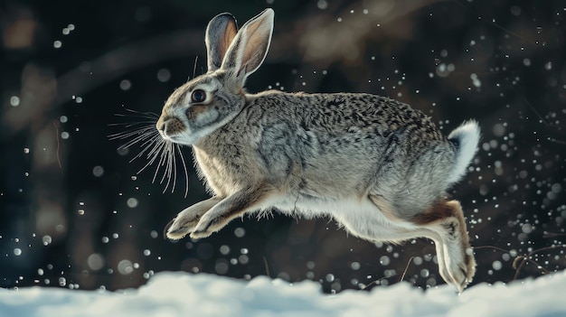 Photo a brown hare leaps through the snow