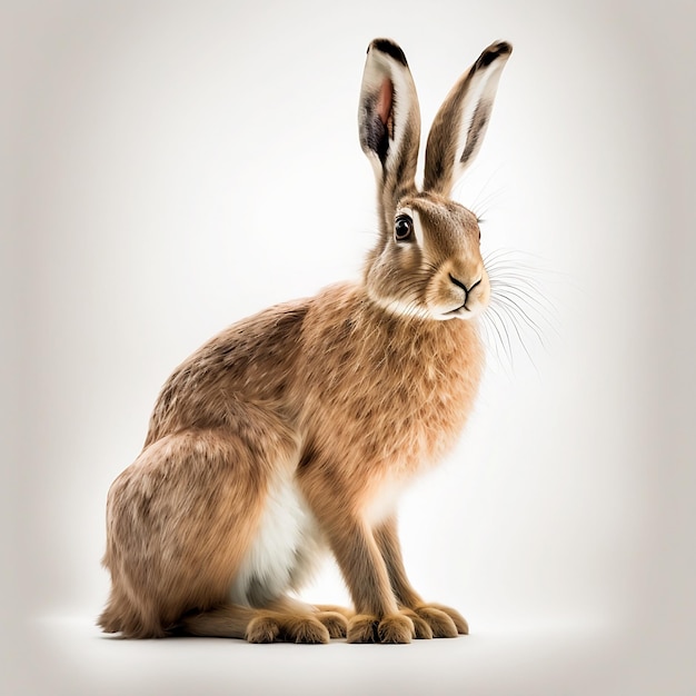 A brown hare with long ears sits on a white background.