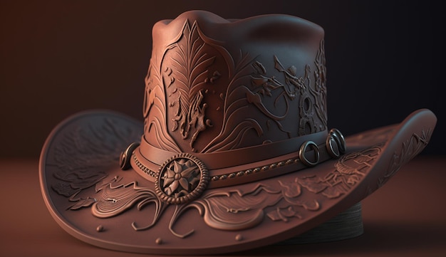 A brown hat with the word cowboy on it