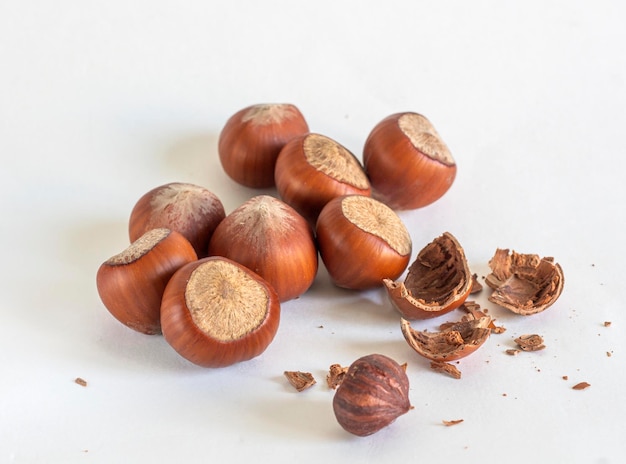 Brown hazelnuts with shells on a white background