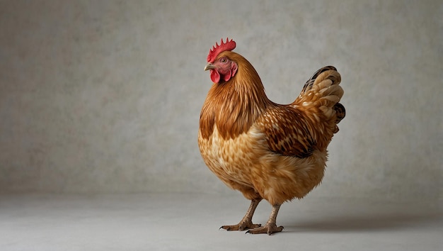 A brown hen standing on a pile of hay The hen has its head turned to the right of the image and is