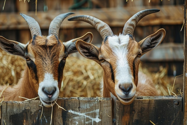 Photo brown horned goats eat hay while leaning out from behind a fence at a farm