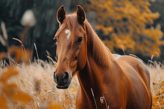 Brown Horse in Autumn Field