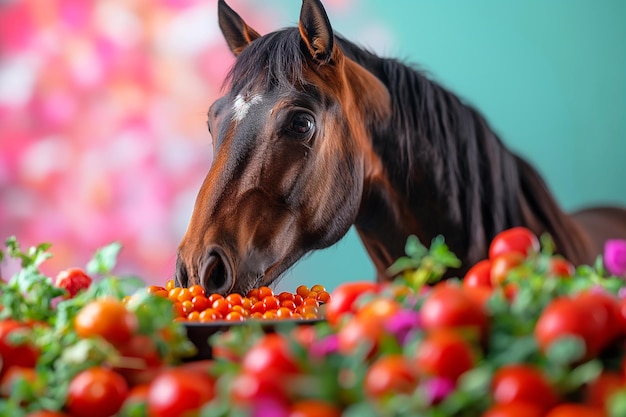 Photo brown horse eating cherry tomatoes surrounded by green plants and red fruits in vibrant background