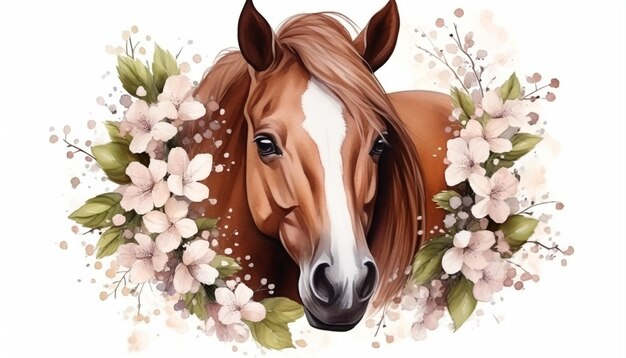 brown horse in a floral plant spring frame