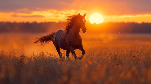 brown horse galloping across a field mane blowing in the wind freedom power sunset in