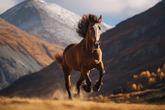 Brown horse galloping in field on sunny day created using generative ai technology