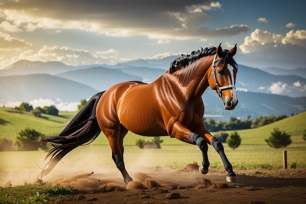 A brown horse is running in a field