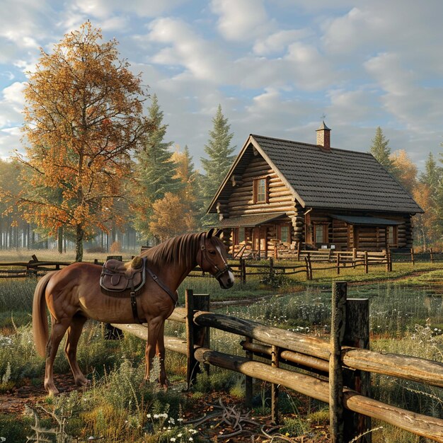 A brown horse in a paddock near a wooden house